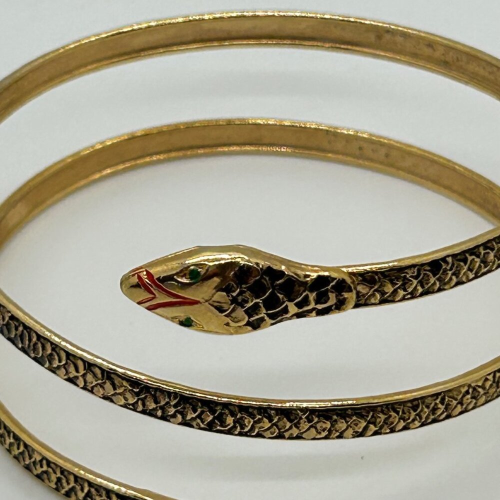 Vintage Snake Bracelet Egyptian Style Gold Tone Armlet With Chased Metal, Enamel - Picture 8 of 13